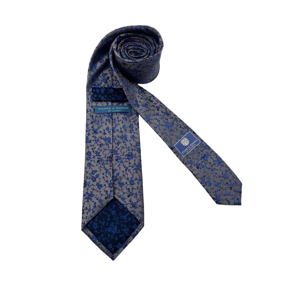 Haines & Bonner Necktie Mens One Size Blue Grey Excellent Floral Silk Blend Tie